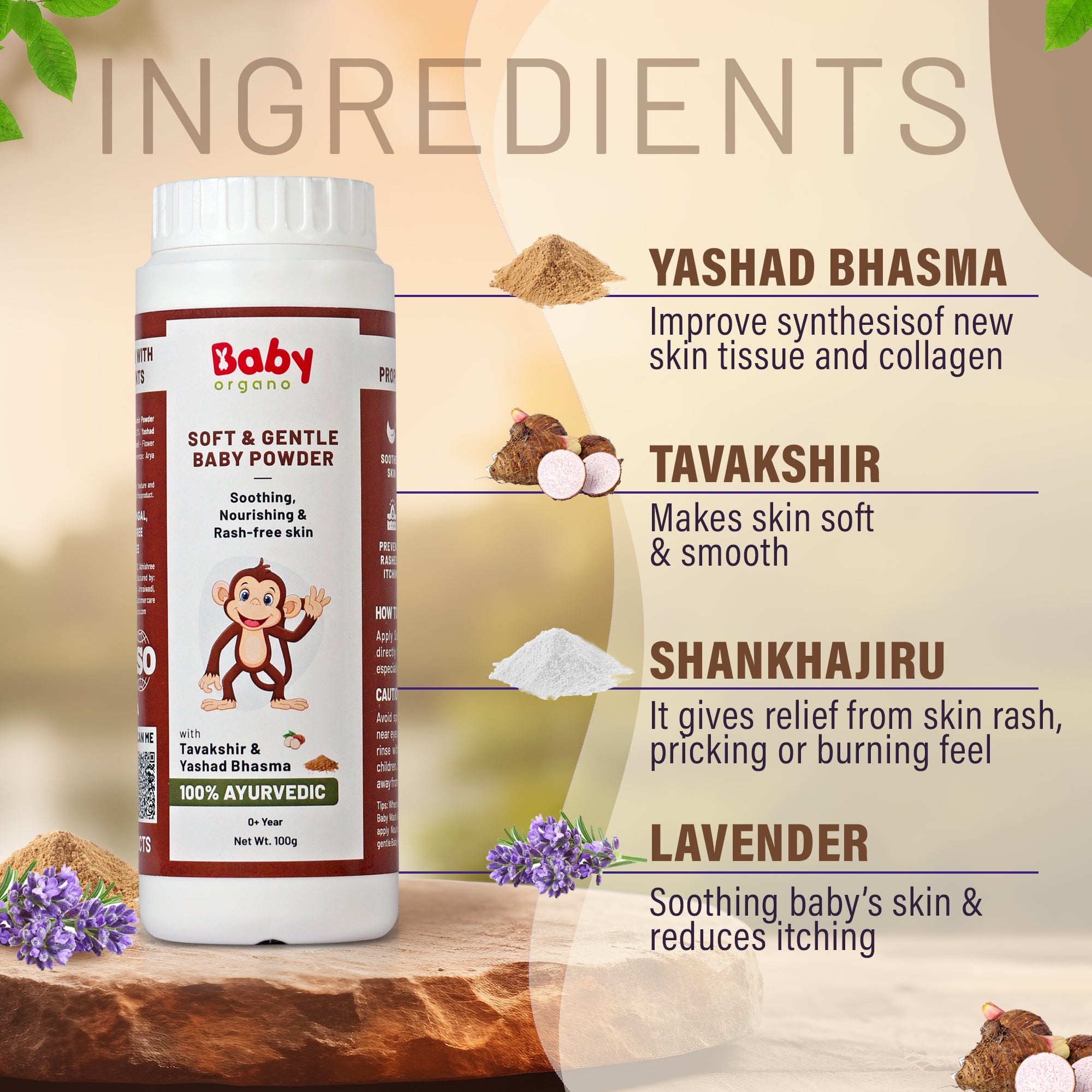 Baby Organo Soft & Gentle Baby Powder | Contains Tavakshir, Yashad Bhasma, Sankhjiru