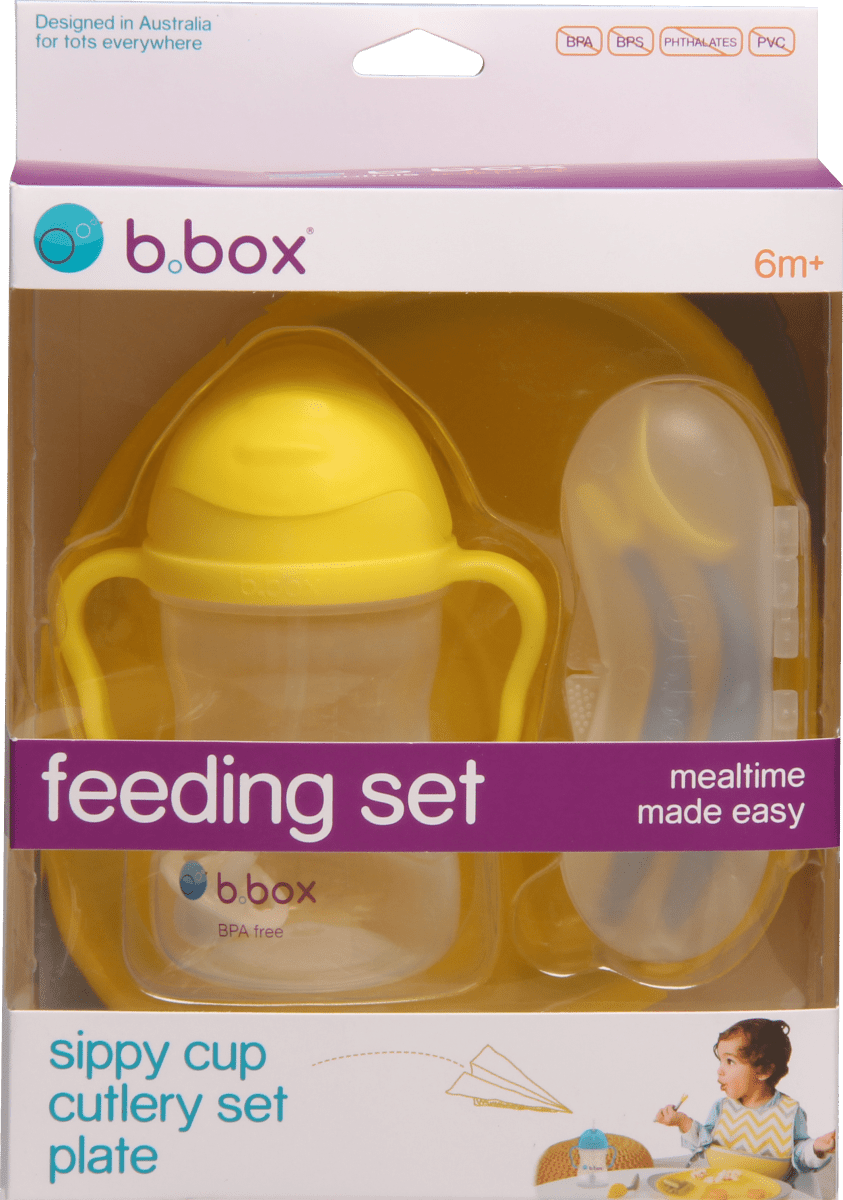 B.Box Feeding Set - Divider Plate, Sippy Cup & Cutlery Set - Lemon Sherbet - 393