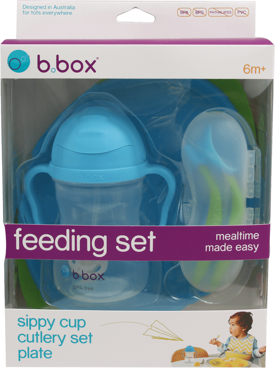 B.Box Feeding Set- Divider Plate, Sippy Cup & Cutlery Set- Ocean Breeze - 391