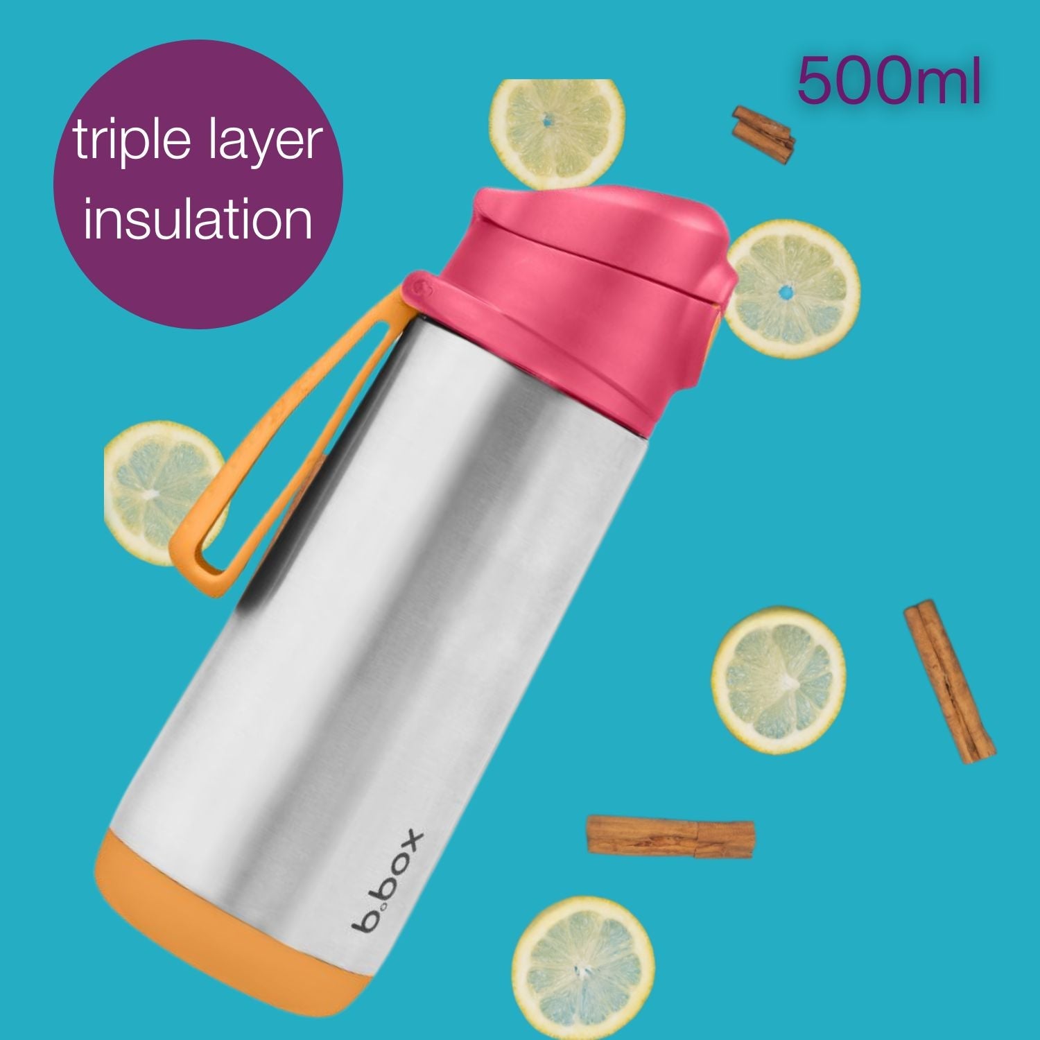 B.Box Insulated Sport Spout Drink Water Bottle Strawberry Shake Pink Orange: 500ml - 500934