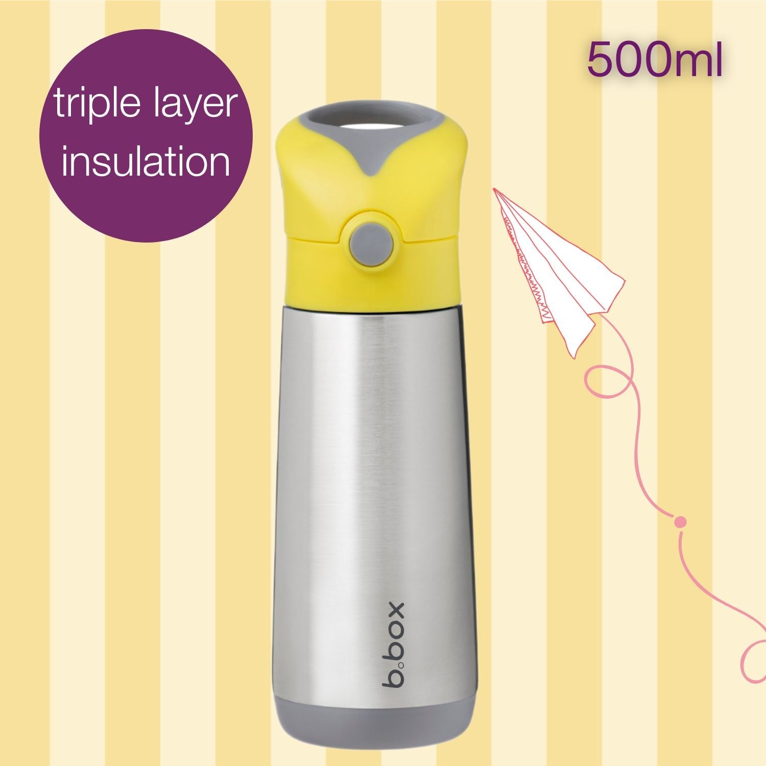 b.box Insulated Straw Sipper Drink Water Bottle 500ml Lemon Sherbet Yellow Grey - 500136