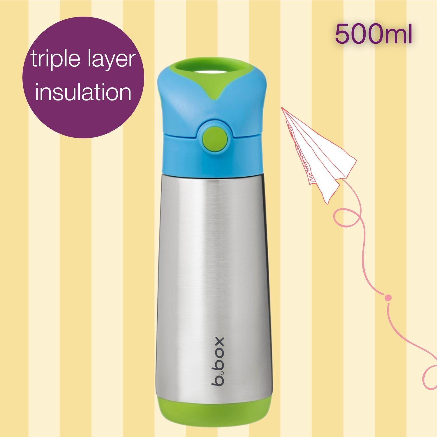 b.box Insulated Straw Sipper Drink Water Bottle 500ml Ocean Breeze Blue Green - 500133