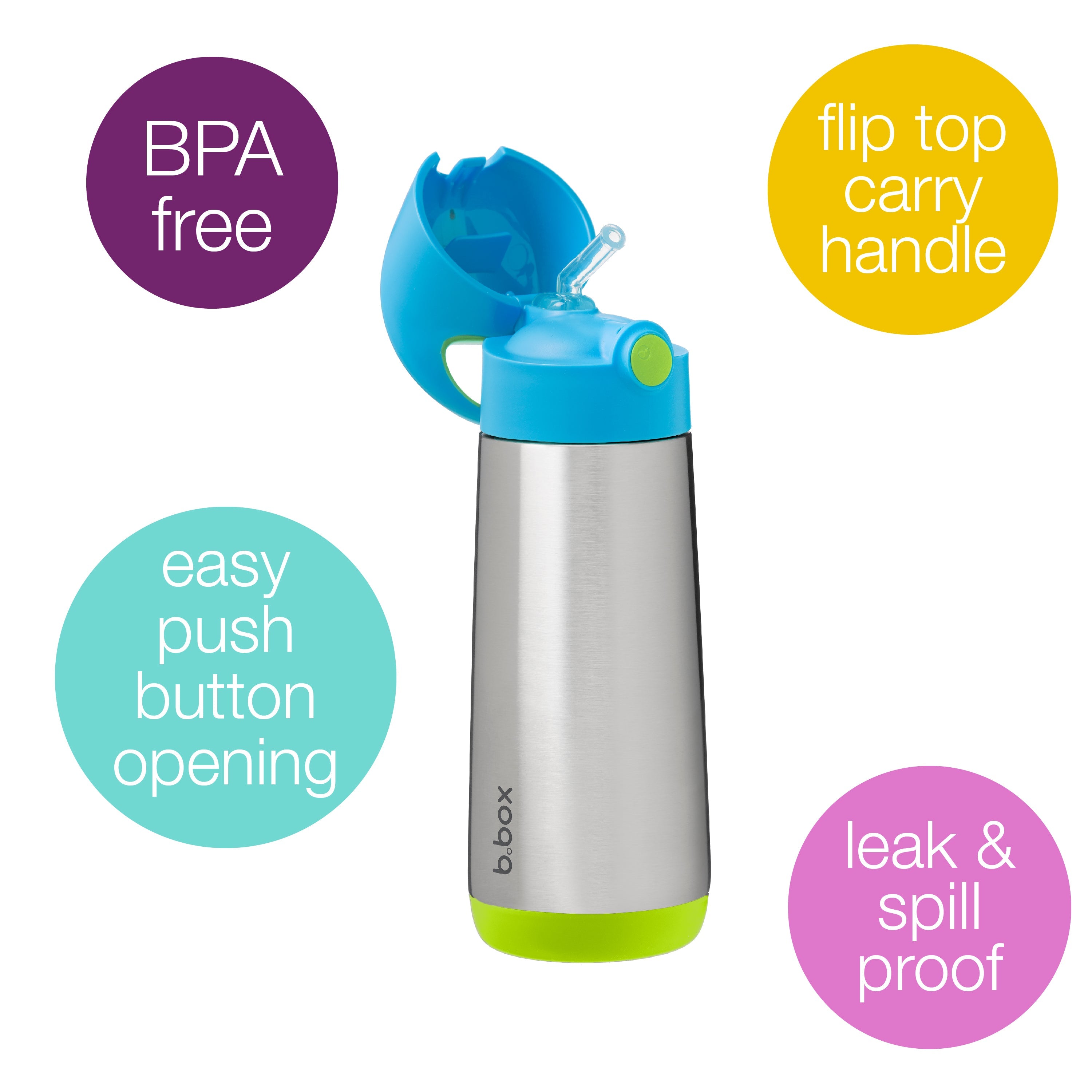 b.box Insulated Straw Sipper Drink Water Bottle 500ml Ocean Breeze Blue Green - 500133