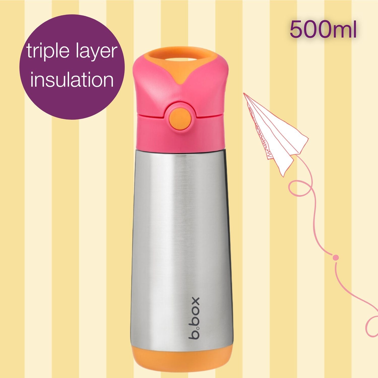 b.box Insulated Straw Sipper Drink Water Bottle 500ml Strawberry Shake Pink Orange - 500134
