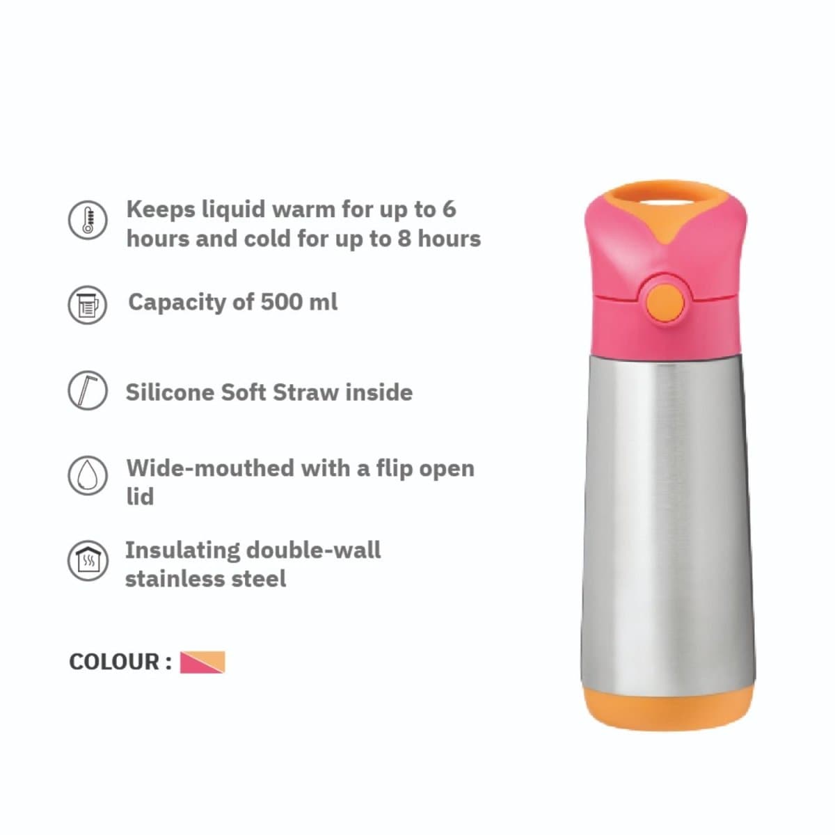b.box Insulated Straw Sipper Drink Water Bottle 500ml Strawberry Shake Pink Orange - 500134