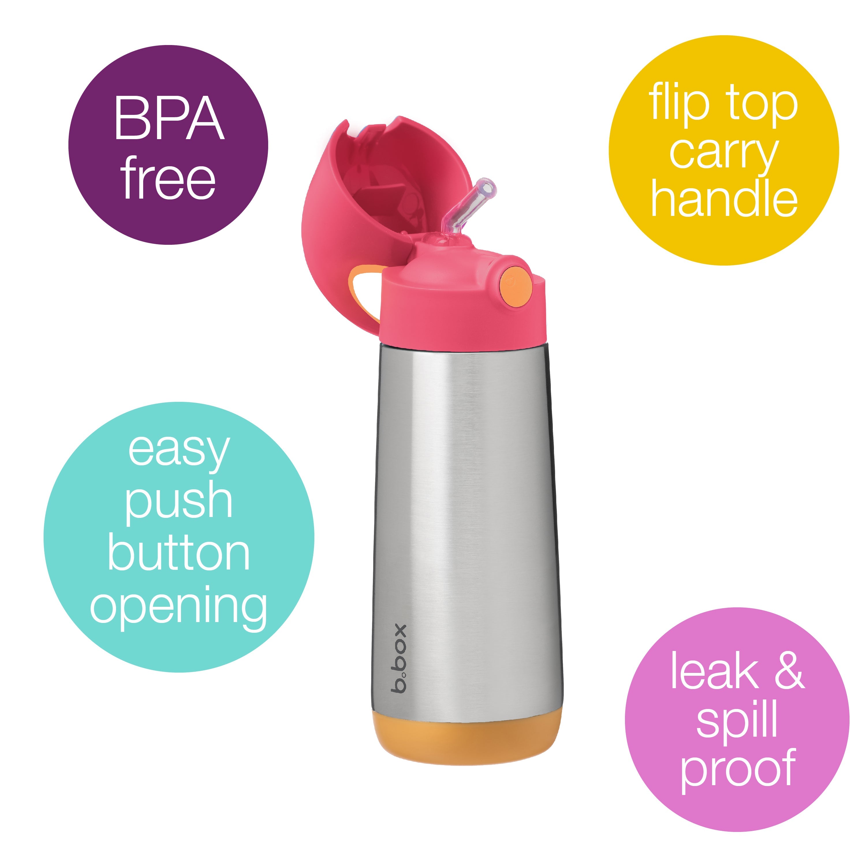 b.box Insulated Straw Sipper Drink Water Bottle 500ml Strawberry Shake Pink Orange - 500134