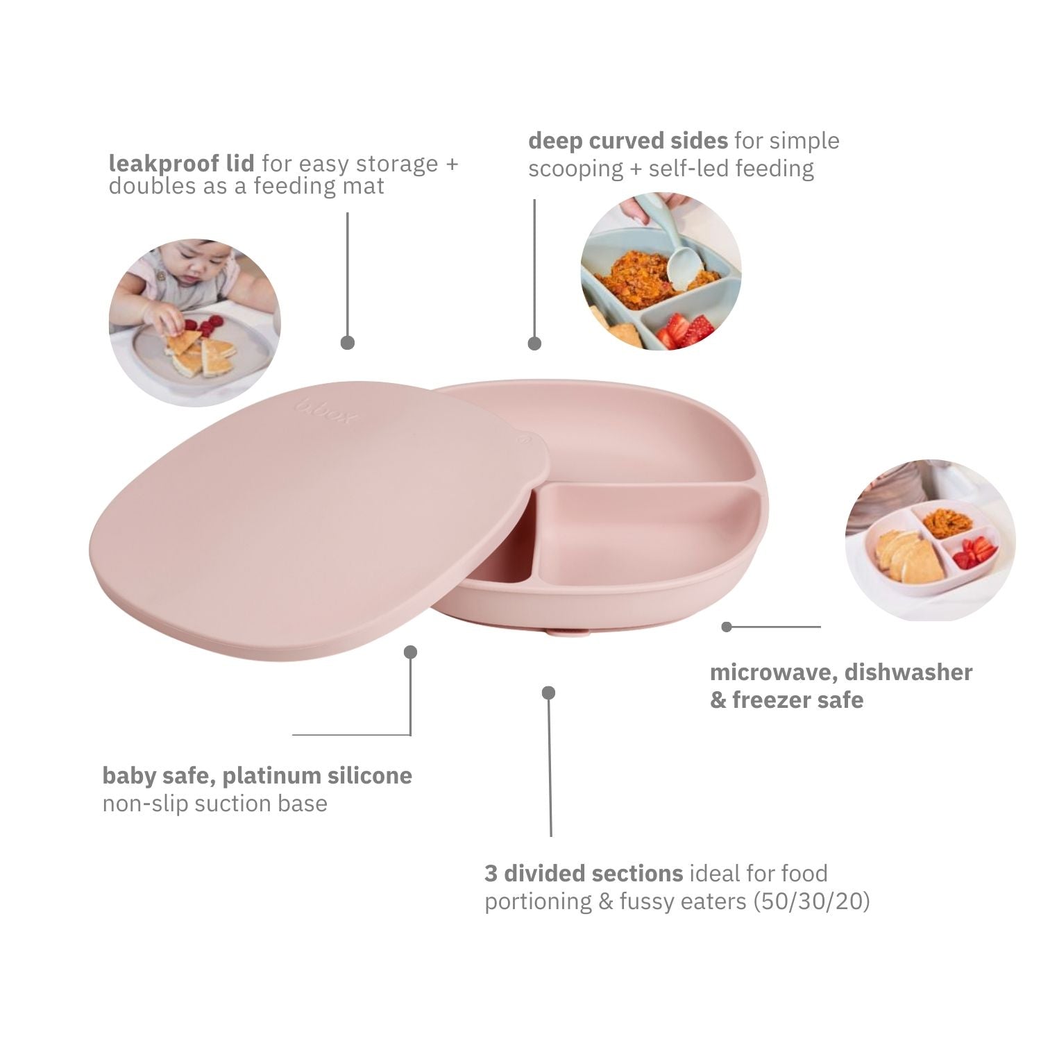 b.box Silicone Plate + Lid with Suction Base Blush Pink - 101611