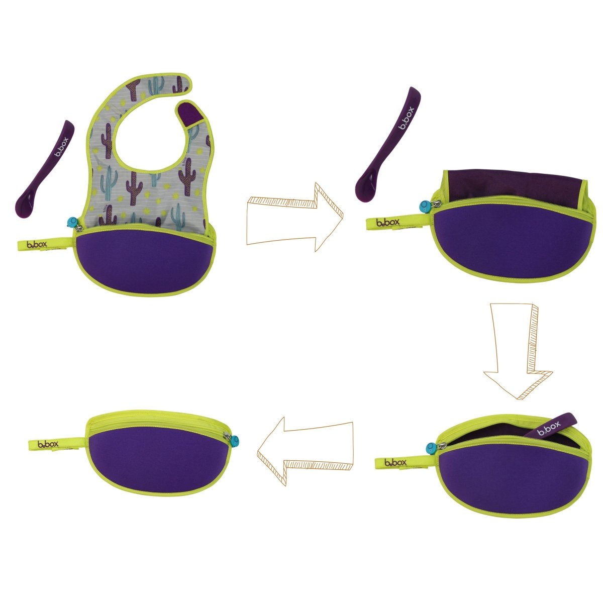 B.Box Travel Bib & Flexible Soft Bite Spoon Set - Cactus Capers Purple Grey - 592
