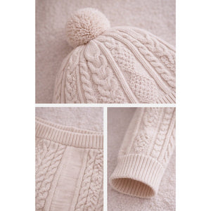 Beige Cable Pattern Full Sleeves Jumpsuit Romper with Cap for Tiny Toddlers - 3 - 6 Months Winter Wear