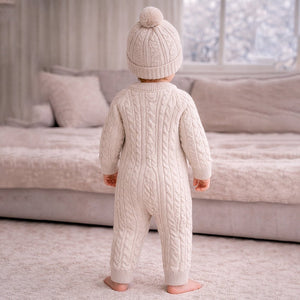 Beige Cable Pattern Full Sleeves Jumpsuit Romper with Cap for Tiny Toddlers - 3 - 6 Months Winter Wear
