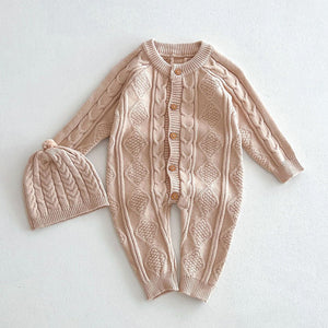 Beige Cable Pattern Full Sleeves Jumpsuit Romper with Cap for Tiny Toddlers - 3 - 6 Months Winter Wear