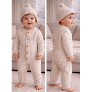 Beige Cable Pattern Full Sleeves Jumpsuit Romper with Cap for Tiny Toddlers - 3 - 6 Months Winter Wear