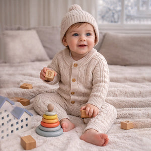 Beige Cable Pattern Full Sleeves Jumpsuit Romper with Cap for Tiny Toddlers - 3 - 6 Months Winter Wear