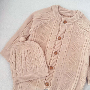 Beige Cable Pattern Full Sleeves Jumpsuit Romper with Cap for Tiny Toddlers - 3 - 6 Months Winter Wear