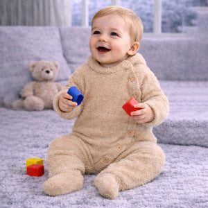 Beige Furry Full Sleeves Jumpsuit Winter Romper for Tiny Toddlers - 3 - 6 Months Winter Wear