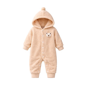 Beige Furry Teddy Full Sleeves Jumpsuit Hoodie Winter Romper for Tiny Toddlers - 3 - 6 Months Winter Wear
