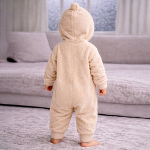 Beige Furry Teddy Full Sleeves Jumpsuit Hoodie Winter Romper for Tiny Toddlers - 3 - 6 Months Winter Wear
