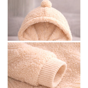 Beige Furry Teddy Full Sleeves Jumpsuit Hoodie Winter Romper for Tiny Toddlers - 3 - 6 Months Winter Wear