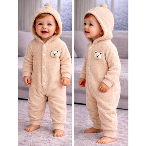 Beige Furry Teddy Full Sleeves Jumpsuit Hoodie Winter Romper for Tiny Toddlers - 3 - 6 Months Winter Wear
