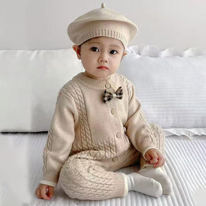 Beige Knitted bow Full Sleeves Jumpsuit Winter Romper with Cap for Tiny Toddlers - 3 - 6 Months Winter Wear