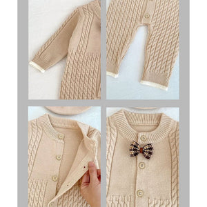 Beige Knitted bow Full Sleeves Jumpsuit Winter Romper with Cap for Tiny Toddlers - 3 - 6 Months Winter Wear