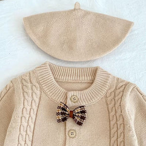 Beige Knitted bow Full Sleeves Jumpsuit Winter Romper with Cap for Tiny Toddlers - 3 - 6 Months Winter Wear