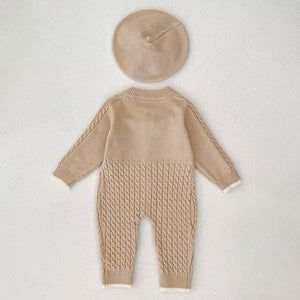 Beige Knitted bow Full Sleeves Jumpsuit Winter Romper with Cap for Tiny Toddlers - 3 - 6 Months Winter Wear