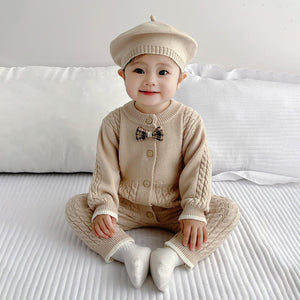 Beige Knitted bow Full Sleeves Jumpsuit Winter Romper with Cap for Tiny Toddlers - 3 - 6 Months Winter Wear