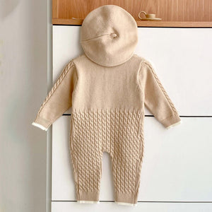 Beige Knitted bow Full Sleeves Jumpsuit Winter Romper with Cap for Tiny Toddlers - 3 - 6 Months Winter Wear