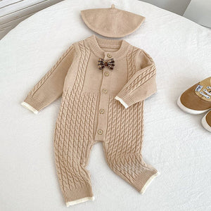 Beige Knitted bow Full Sleeves Jumpsuit Winter Romper with Cap for Tiny Toddlers - 3 - 6 Months Winter Wear