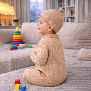 Beige Pattern knitted Full Sleeves Jumpsuit Romper with Cap for Tiny Toddlers - 6 - 12 Months Winter Wear