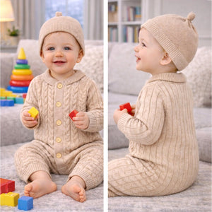 Beige Pattern knitted Full Sleeves Jumpsuit Romper with Cap for Tiny Toddlers - 6 - 12 Months Winter Wear