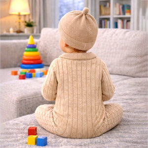 Beige Pattern knitted Full Sleeves Jumpsuit Romper with Cap for Tiny Toddlers - 6 - 12 Months Winter Wear