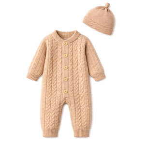Beige Pattern knitted Full Sleeves Jumpsuit Romper with Cap for Tiny Toddlers - 6 - 12 Months Winter Wear