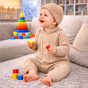 Beige Pattern knitted Full Sleeves Jumpsuit Romper with Cap for Tiny Toddlers - 6 - 12 Months Winter Wear