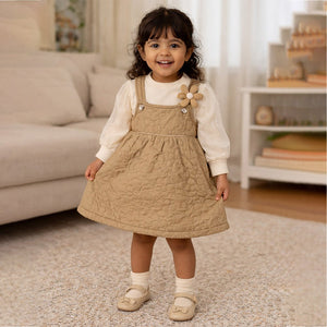 Beige Quilted Pinafore Dress with Inner Top for Girls - 2 - 3 Years Kids Clothing