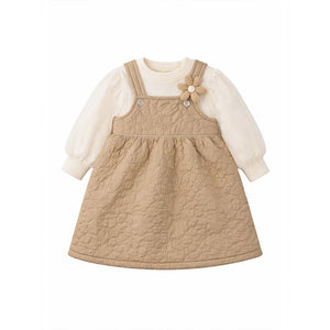 Beige Quilted Pinafore Dress with Inner Top for Girls - 2 - 3 Years Kids Clothing