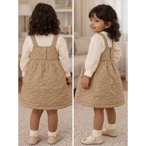 Beige Quilted Pinafore Dress with Inner Top for Girls - 2 - 3 Years Kids Clothing