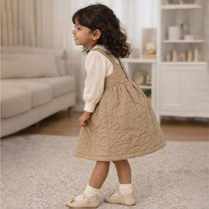 Beige Quilted Pinafore Dress with Inner Top for Girls - 2 - 3 Years Kids Clothing