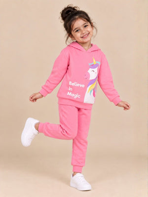 Believe In Unicorn Magic Hoodie & Pink Sweatpants Combo - Pink Kids Winter Set