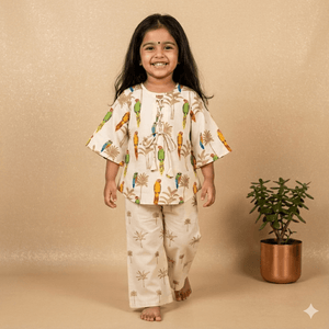 Bhaakur Chanderi 'Parrot Party' Kurta Set for Girls | The Mom Store - 0-6Months Kurta Pyjama Set