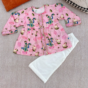 Bhaakur Chanderi Pichwai Print Kurta Set for Girls | The Mom Store - 0-6Months Kurta Pyjama Set