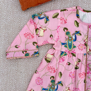 Bhaakur Chanderi Pichwai Print Kurta Set for Girls | The Mom Store - 0-6Months Kurta Pyjama Set