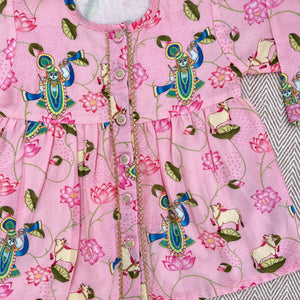 Bhaakur Chanderi Pichwai Print Kurta Set for Girls | The Mom Store - 0-6Months Kurta Pyjama Set