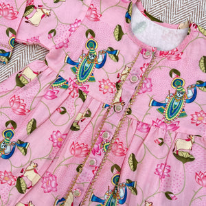Bhaakur Chanderi Pichwai Print Kurta Set for Girls | The Mom Store - 0-6Months Kurta Pyjama Set