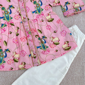 Bhaakur Chanderi Pichwai Print Kurta Set for Girls | The Mom Store - 0-6Months Kurta Pyjama Set