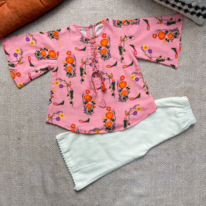 Bhaakur Chanderi 'The Pink City's Peacock' Kurta Set for Girls | The Mom Store - 0-6Months Kurta Pyjama Set