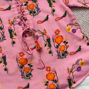 Bhaakur Chanderi 'The Pink City's Peacock' Kurta Set for Girls | The Mom Store - 0-6Months Kurta Pyjama Set