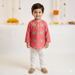 Bhaakur Chanderi Unisex 'In the Light of Lord Ganesha' Kurta Set | The Mom Store - 0-6Months Kurta Pyjama Set