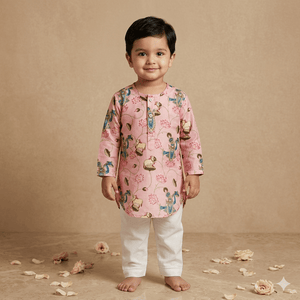 Bhaakur Chanderi Unisex Pichwai Print Kurta Set | The Mom Store - 0-6Months Kurta Pyjama Set